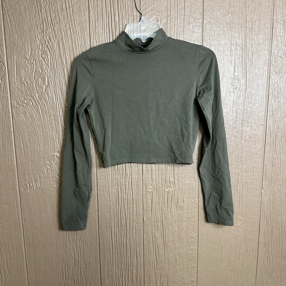 Zara Cropped Olive Green Long Sleeve Mock Neck‎ T-shirt Size Small Pullover